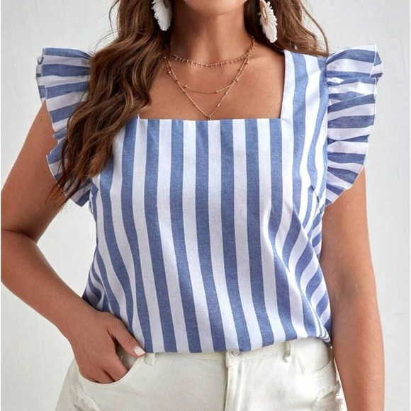 Classic Elegant Plus Size Striped Print Ruffle Trim Square Neck Top Blouse Shirt - Picture 3 of 5